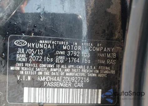 2013 Hyundai Elantra Gls из США, поврежденный, VIN KMHDH4AE2DU927216